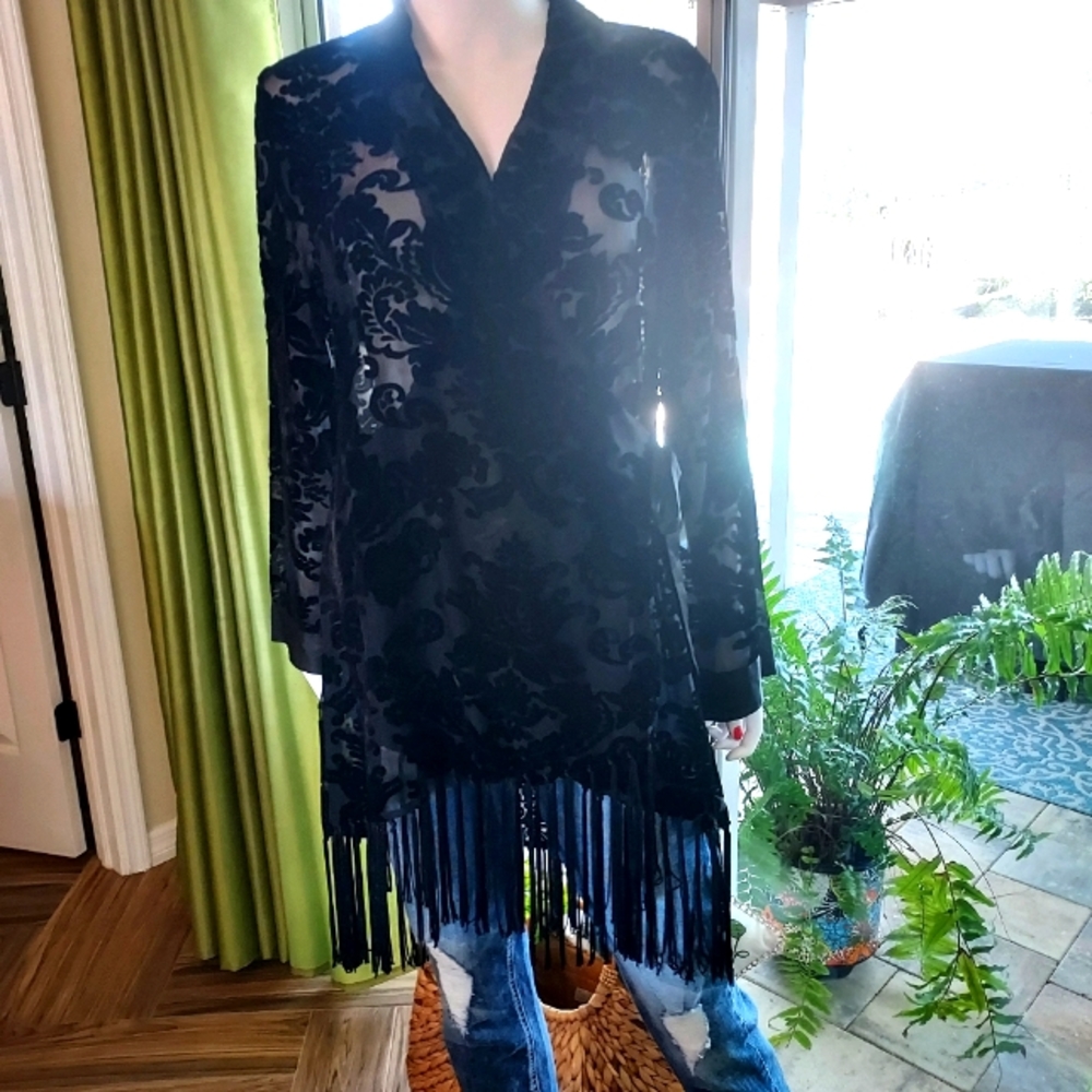 Soft Surroundings Velvet Lace Burnout Kimono with Fringed Hem and Tie Waist.